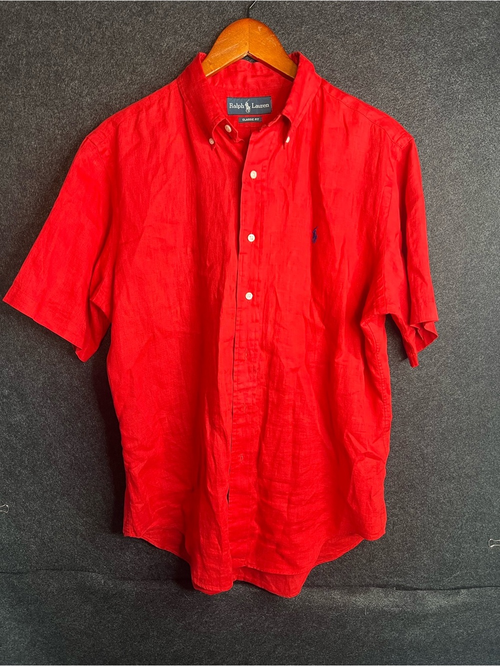 Ralph Lauren Linen Button Shirt Mens M Red Short Sleeve Blue Pony Classic Fit